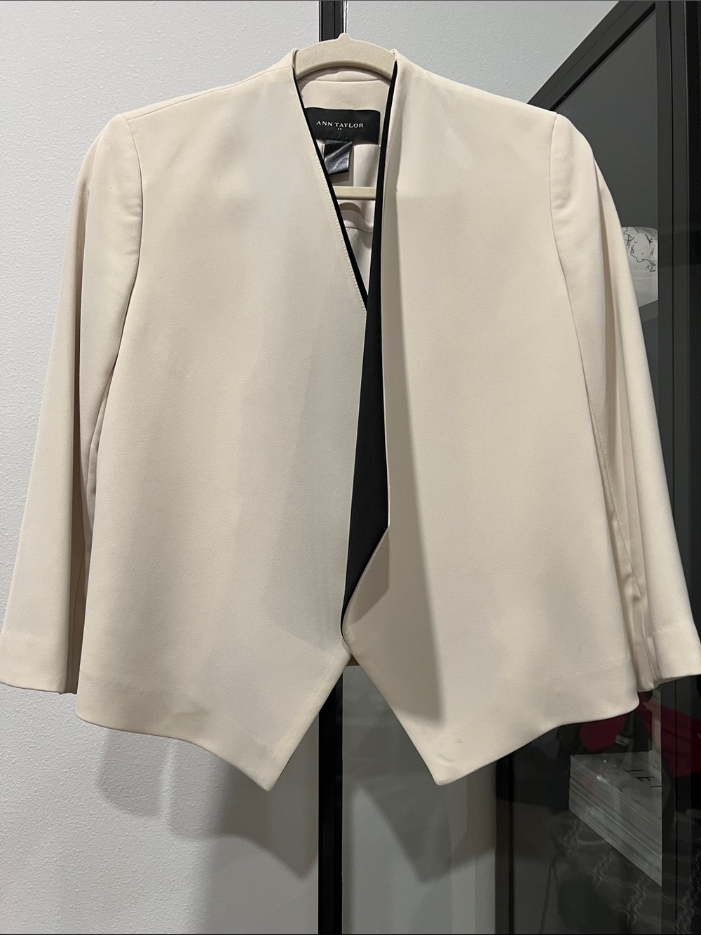 Ann Taylor Cream Open-Front Blazer with Black Lining